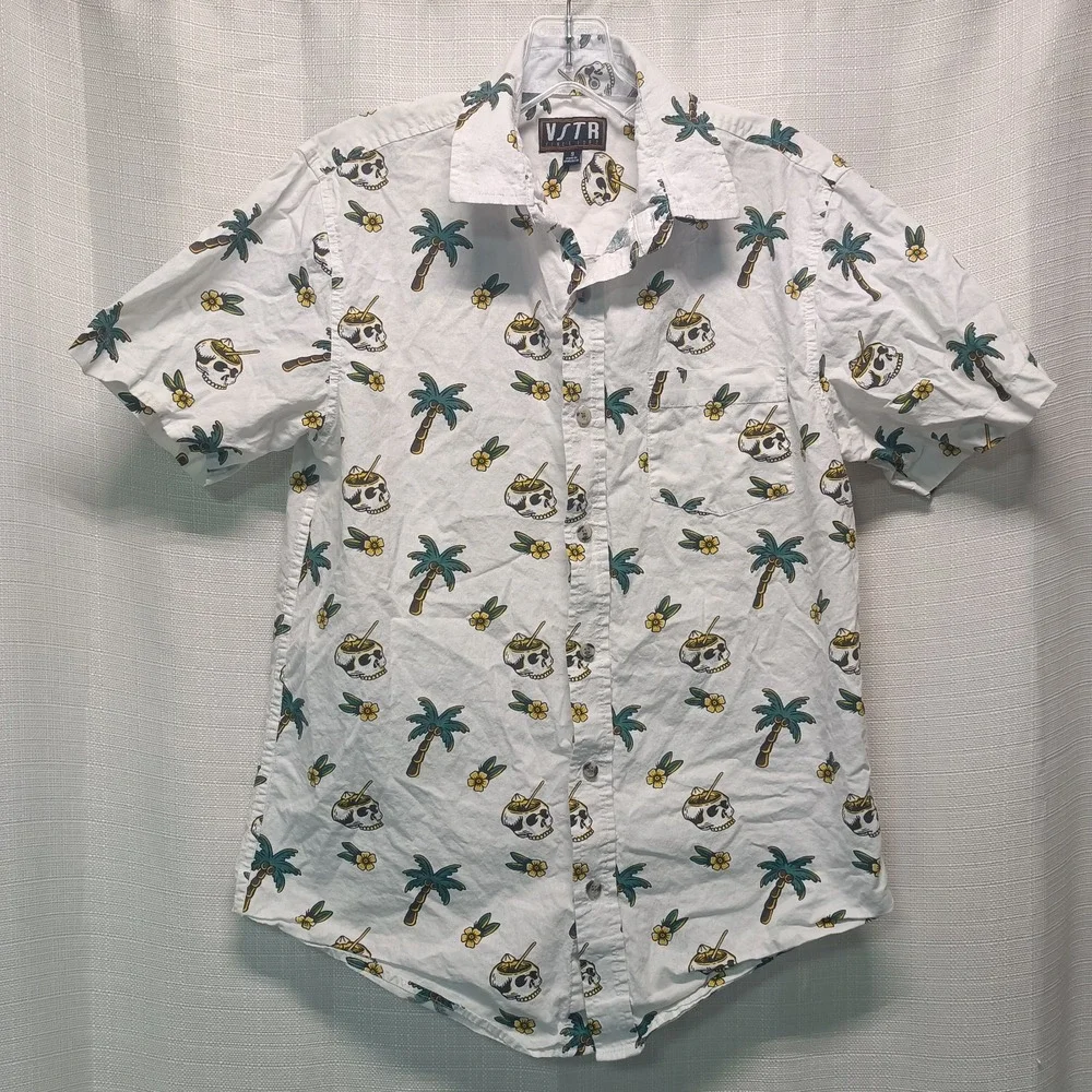 VSTR Men's‎ S Hawaiian Button Up Skulls Palm Trees Floral 100% Cotton Vacation